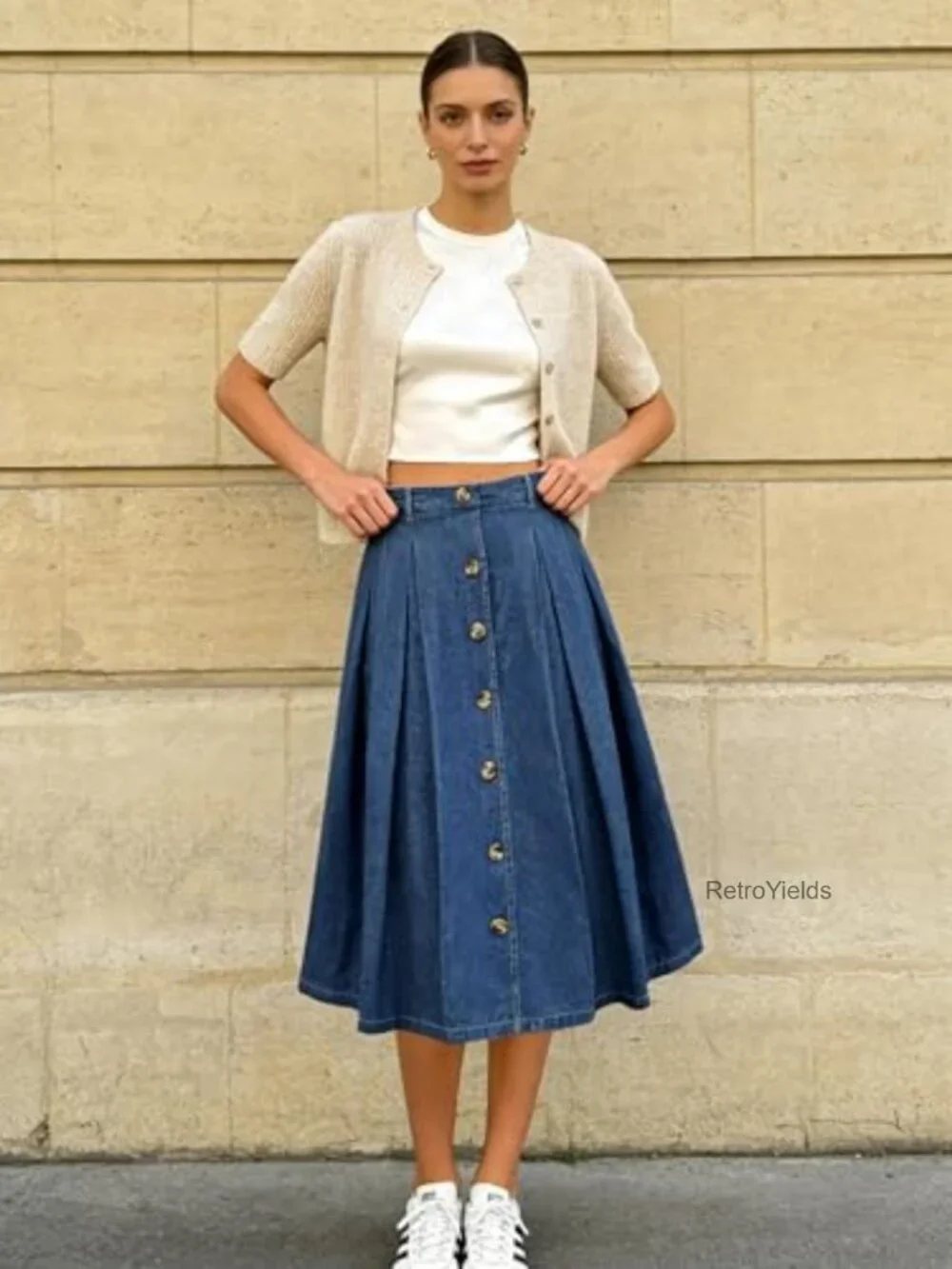 Pleated A-line Midi Skirt with Pockets Elastic Waist Button Front Flared - Picture 5 of 7